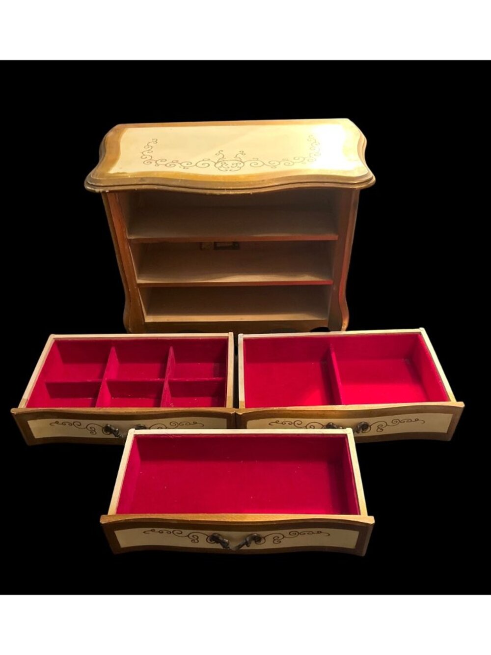 Vtg  60s Apco Japan Wooden Jewelry Chest Music Box 3 Velvet-Lined Drawers Hand-P - Picture 4 of 8